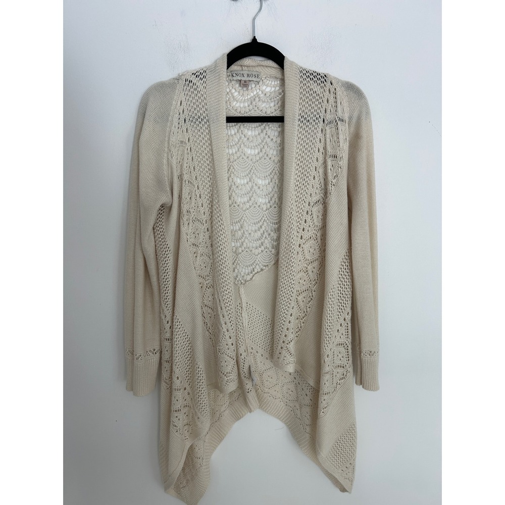 Knox Rose Ivory Crochet Lace Back Open Front Draped Waterfall Cardigan Medium